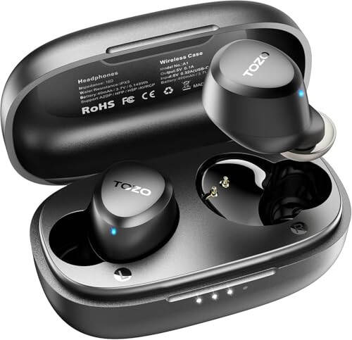 TOZO A1 Mini Wireless Earbuds Bluetooth 5.3 in Ear Light-Weight Headphones Built-in Microphone, IPX5 Waterproof, Immersive Premium Sound Long Distance Connection Headset with Charging Case, Black - 1