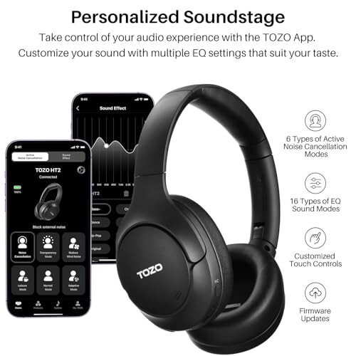 TOZO HT2 Hybrid Active Noise Cancelling Headphones, Wireless Over Ear Bluetooth Headphones, 60H Playtime, Hi-Res Audio Custom EQ via App Deep Bass Comfort Fit Ear Cups, for Home Office Travel - 8