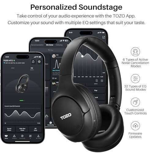 TOZO HT2 Hybrid Active Noise Cancelling Headphones, Wireless Over Ear Bluetooth Headphones, 60H Playtime, Hi-Res Audio Custom EQ via App Deep Bass Comfort Fit Ear Cups, for Home Office Travel - 7