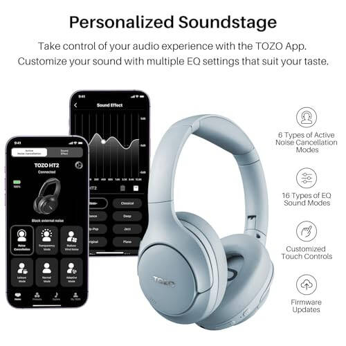 TOZO HT2 Hybrid Active Noise Cancelling Headphones, Wireless Over Ear Bluetooth Headphones, 60H Playtime, Hi-Res Audio Custom EQ via App Deep Bass Comfort Fit Ear Cups, for Home Office Travel Blue - 6