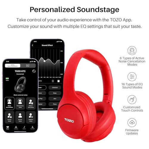 TOZO HT2 Hybrid Active Noise Cancelling Headphones, Wireless Over Ear Bluetooth Headphones, 60H Playtime, Hi-Res Audio Custom EQ via App Deep Bass Comfort Fit Ear Cups, for Home Office Travel Dark Red - 6