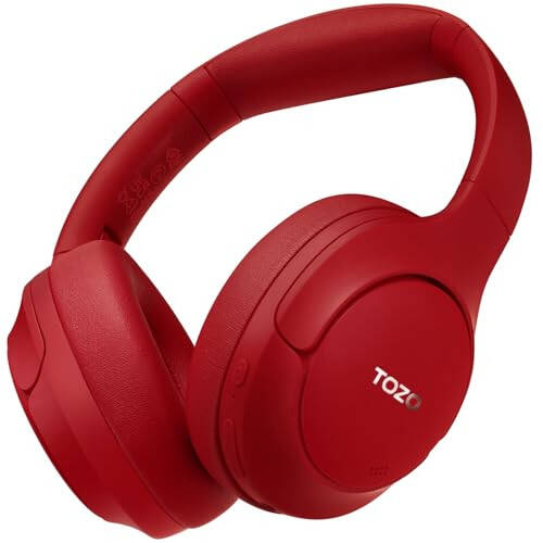 TOZO HT2 Hybrid Active Noise Cancelling Headphones, Wireless Over Ear Bluetooth Headphones, 60H Playtime, Hi-Res Audio Custom EQ via App Deep Bass Comfort Fit Ear Cups, for Home Office Travel Dark Red - 2