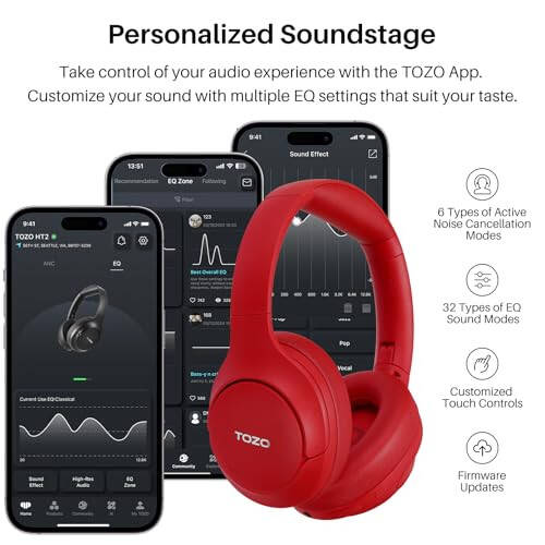 TOZO HT2 Hybrid Active Noise Cancelling Headphones, Wireless Over Ear Bluetooth Headphones, 60H Playtime, Hi-Res Audio Custom EQ via App Deep Bass Comfort Fit Ear Cups, for Home Office Travel Dark Red - 7