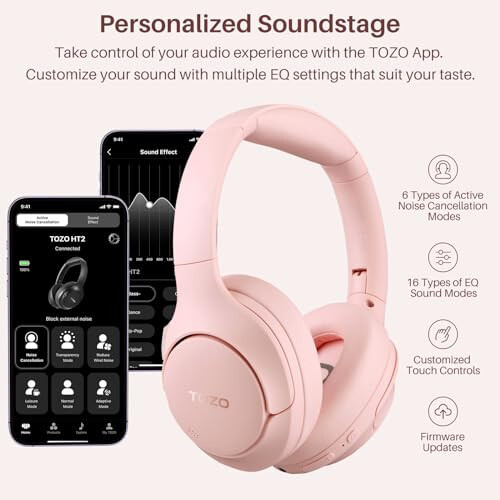 TOZO HT2 Hybrid Active Noise Cancelling Headphones, Wireless Over Ear Bluetooth Headphones, 60H Playtime, Hi-Res Audio Custom EQ via App Deep Bass Comfort Fit Ear Cups, for Home Office Travel Pink - 4