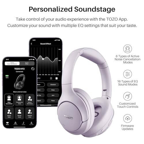 TOZO HT2 Hybrid Active Noise Cancelling Headphones, Wireless Over Ear Bluetooth Headphones, 60H Playtime, Hi-Res Audio Custom EQ via App Deep Bass Comfort Fit Ear Cups, for Home Office Travel Purple - 6