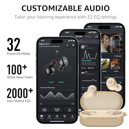 TOZO T10 (Ergonomik Sürüm) Kablosuz Kulaklıklar Bluetooth 5.3 Kulaklıklar, Uygulama Özelleştirilebilir EQ, Ergonomik Tasarım, 55 Saat Oynatma Süresi, Kablosuz Şarj Kutusu, IPX8 Su Geçirmez Ses Kulak İçi Kulaklık, 2024 Yeni Sürüm - 5