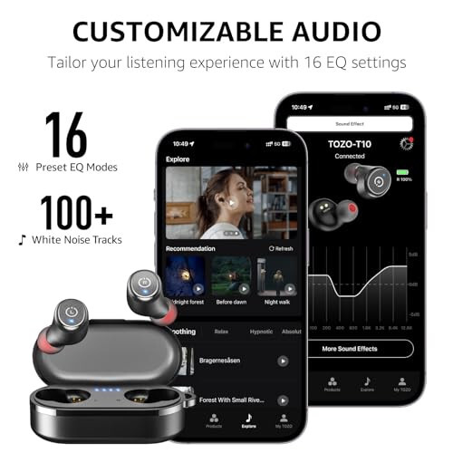 TOZO T10 (Ergonomik Sürüm) Kablosuz Kulaklıklar Bluetooth 5.3 Kulaklıklar, Uygulama Özelleştirilebilir EQ, Ergonomik Tasarım, 55 Saat Oynatma Süresi, Kablosuz Şarj Kutusu, IPX8 Su Geçirmez Ses Kulak İçi Kulaklık, 2024 Yeni Sürüm - 9