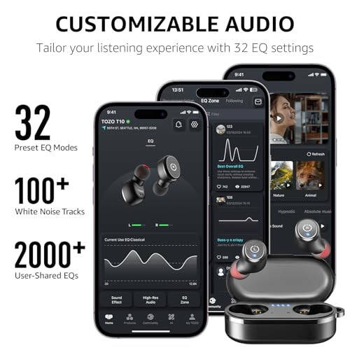 TOZO T10 (Ergonomik Sürüm) Kablosuz Kulaklıklar Bluetooth 5.3 Kulaklıklar, Uygulama Özelleştirilebilir EQ, Ergonomik Tasarım, 55 Saat Oynatma Süresi, Kablosuz Şarj Kutusu, IPX8 Su Geçirmez Ses Kulak İçi Kulaklık, 2024 Yeni Sürüm - 5