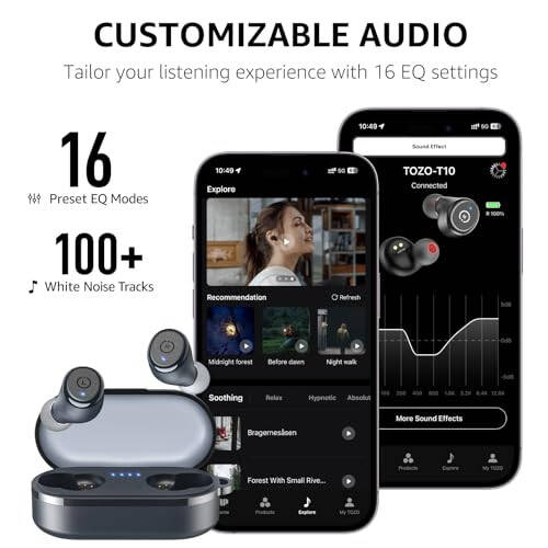 TOZO T10 (Ergonomik Sürüm) Kablosuz Kulaklıklar, Bluetooth 5.3, Uygulama ile Özelleştirilebilir EQ, Ergonomik Tasarım, 55 Saat Çalma Süresi, Kablosuz Şarj Kılıfı, IPX8 Su Geçirmez Kulak İçi Kulaklık, 2024 Yeni Sürüm - 8