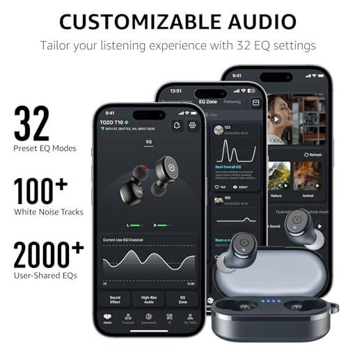 TOZO T10 (Ergonomik Sürüm) Kablosuz Kulaklıklar, Bluetooth 5.3, Uygulama ile Özelleştirilebilir EQ, Ergonomik Tasarım, 55 Saat Çalma Süresi, Kablosuz Şarj Kılıfı, IPX8 Su Geçirmez Kulak İçi Kulaklık, 2024 Yeni Sürüm - 5