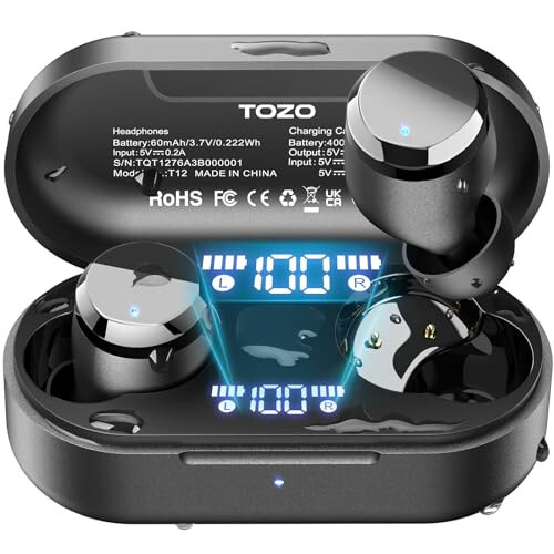 TOZO T12 (Компактное Эргономичное Издание) Беспроводные Наушники Bluetooth 5.3, Микрофон с шумоподавлением ENC для вызовов, 55 часов воспроизведения, Настройка эквалайзера в приложении, IPX8 Водонепроницаемость, LED-дисплей, Премиум-звук - 1