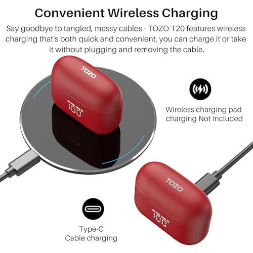 TOZO T20 Kablosuz Kulaklıklar Bluetooth Kulaklıklar 48,5 Saat Oynatma Süresi LED Dijital Ekran, IPX8 Su Geçirmez, Çift Mikrofonlu Çağrı Gürültü Önleyici 10mm Geniş Aralıklı Hoparlörler Kablosuz Şarj Çantası Kırmızı - 4