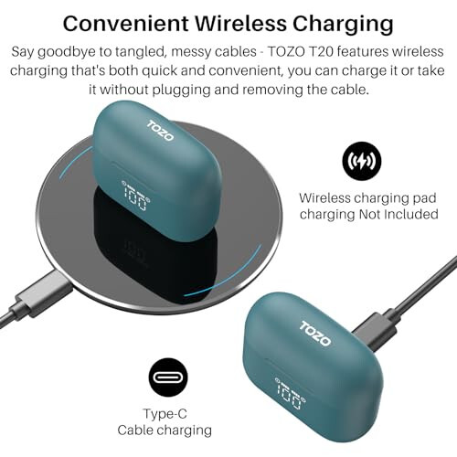 TOZO T20 Simsiz Quloqchinlar Bluetooth Quloqchin 48,5 soat O'ynash Vaqti LED Raqamli Displey bilan, IPX8 Su O'tkazmaydigan, Ikkita Mikrofonli Qo'ng'iroq Shovqinni Bartaraf Qilish 10mm Keng Diapazonli Karnayli Simsiz Zaryadlash Qobig'i Yashil - 4