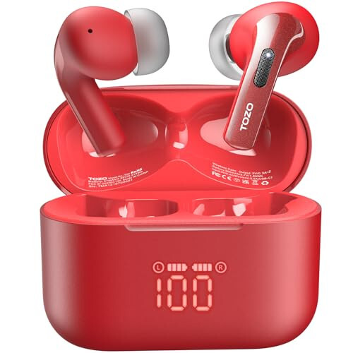 TOZO T20 Simsiz Quloqchinlar Bluetooth Quloqchinlar 48,5 soat o'ynash vaqti LED raqamli displey bilan, IPX8 Suv o'tkazmaydigan, ikki mikrofonli qo'ng'iroq shovqinini bekor qiluvchi 10 mm keng diapazonli karnayli simsiz zaryadlash qutisi Qizil - 1