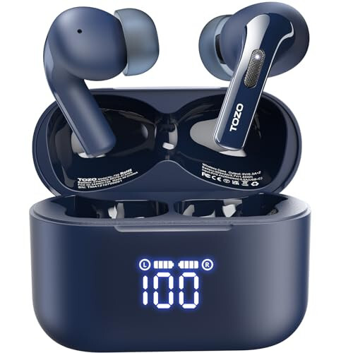 TOZO T20 Wireless Earbuds Bluetooth Headphones 48.5 Hrs Playtime with LED Digital Display, IPX8 Waterproof, Dual Mic Call Noise Cancelling 10mm Broad Range Speakers with Wireless Charging Case Blue - 1