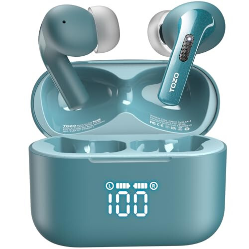 TOZO T20 Wireless Earbuds Bluetooth Headphones 48.5 Hrs Playtime with LED Digital Display, IPX8 Waterproof, Dual Mic Call Noise Cancelling 10mm Broad Range Speakers with Wireless Charging Case Green - 1