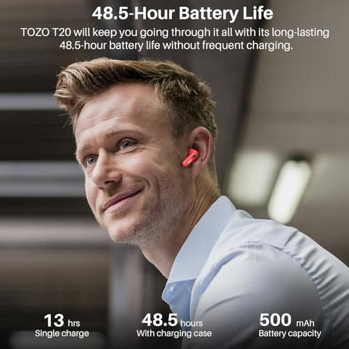 TOZO T20 Wireless Earbuds Bluetooth Headphones 48.5 Hrs Playtime with LED Digital Display, IPX8 Waterproof, Dual Mic Call Noise Cancelling 10mm Broad Range Speakers with Wireless Charging Case Red - 6