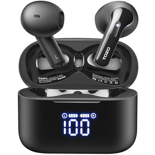 TOZO T21 Kablosuz Kulaklıklar, 5.3 Bluetooth Kulaklık, Kulak İçi Çift Mikrofonlu Gürültü Önleme, IPX8 Su Geçirmez, 44 Saatte Oynatma Stereo Ses, Güç Göstergeli Kablosuz Şarj Kılıfı Siyah - 1