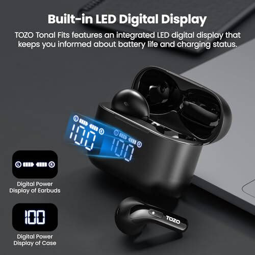 TOZO T21 Kablosuz Kulaklıklar, 5.3 Bluetooth Kulaklık, Kulak İçi Çift Mikrofonlu Gürültü Önleme, IPX8 Su Geçirmez, 44 Saatte Oynatma Stereo Ses, Güç Göstergeli Kablosuz Şarj Kılıfı Siyah - 2