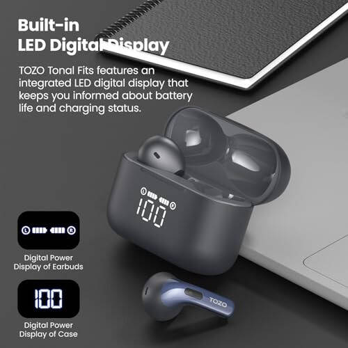 TOZO T21 Kablosuz Kulaklıklar, 5.3 Bluetooth Kulaklık, Kulak İçi Çift Mikrofonlu Gürültü Önleyici, IPX8 Su Geçirmez, 44 Saat Oynatma Stereo Ses, Güç Göstergeli Kablosuz Şarj Kutusu Mavi - 2