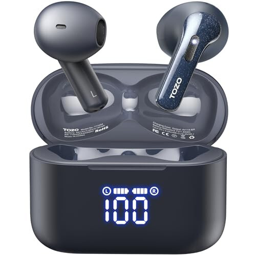 TOZO T21 Simsiz Quloqchinlar, 5.3 Bluetooth Quloqchin, Ikki Mikrofonli Shovqinni Bostiruvchi Quloqchin, IPX8 Su o'tkazmaydigan, 44 soat Davom etadigan Stereo Ovoz, Quvvat Ko'rsatuvchi Simsiz Zaryadlash Qutisi Ko'k - 1