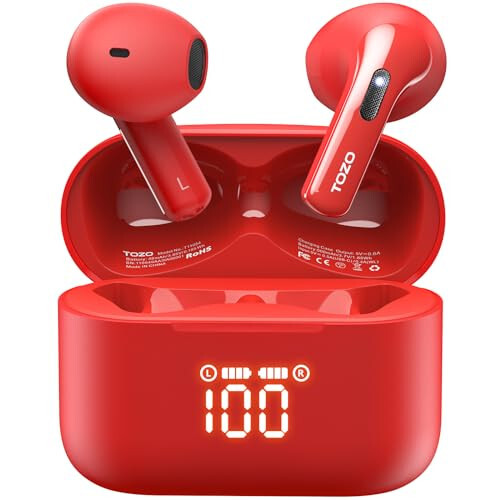 TOZO T21 Simsiz Quloqchinlar, 5.3 Bluetooth Quloqchin, Ikkita Mikrofonli Shovqinni Bekitish, Quloq Ichiga, IPX8 Su O'tkazmaydigan, 44 soat Davom etadigan Stereo Ovoz, Quvvat Ko'rsatkichli Simsiz Zaryadlash Korpusi bilan, Qizil - 1