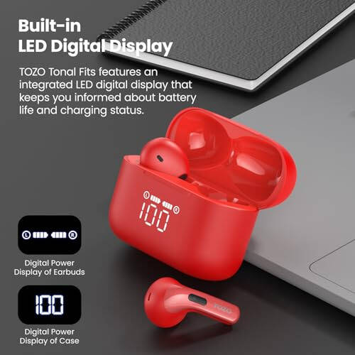 TOZO T21 Simsiz Quloqchinlar, 5.3 Bluetooth Quloqchin, Ikkita Mikrofonli Shovqinni Bekitish, Quloq Ichiga, IPX8 Su O'tkazmaydigan, 44 soat Davom etadigan Stereo Ovoz, Quvvat Ko'rsatkichli Simsiz Zaryadlash Korpusi bilan, Qizil - 2