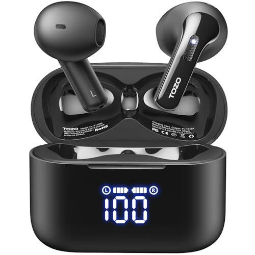 TOZO T21 Simsiz Quloqchinlari, 5.3 Bluetooth Quloqchin, Ikki Mikrofonli Shovqinni Bostiruvchi Quloq ichiga, IPX8 Su o'tkazmaydigan, 44 soat Davom etadigan Stereo Ovoz, Quvvat Ko'rsatkichili Simsiz Zaryadlash Qutisi Qora - 1