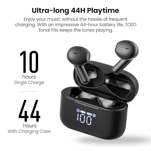 TOZO T21 Wireless Earbuds, 5.3 Bluetooth Headphone, Sem in Ear with Dual Mic Noise Cancelling, IPX8 Waterproof, 44H Playback Stereo Sound with Power Display Wireless Charging Case Black - 5