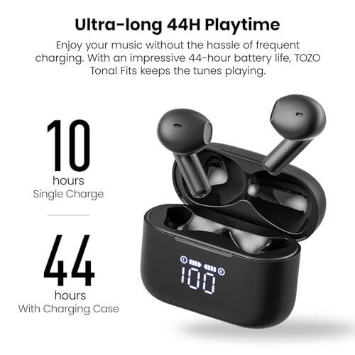 TOZO T21 Wireless Earbuds, 5.3 Bluetooth Headphone, Sem in Ear with Dual Mic Noise Cancelling, IPX8 Waterproof, 44H Playback Stereo Sound with Power Display Wireless Charging Case Black - 5