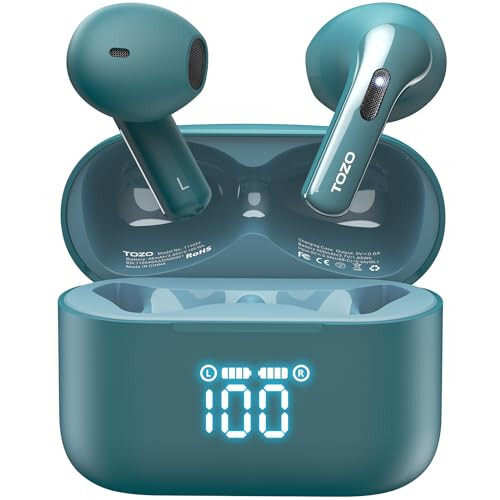 TOZO T21 Wireless Earbuds, 5.3 Bluetooth Headphone, Sem in Ear with Dual Mic Noise Cancelling, IPX8 Waterproof, 44H Playback Stereo Sound with Power Display Wireless Charging Case Green - 1