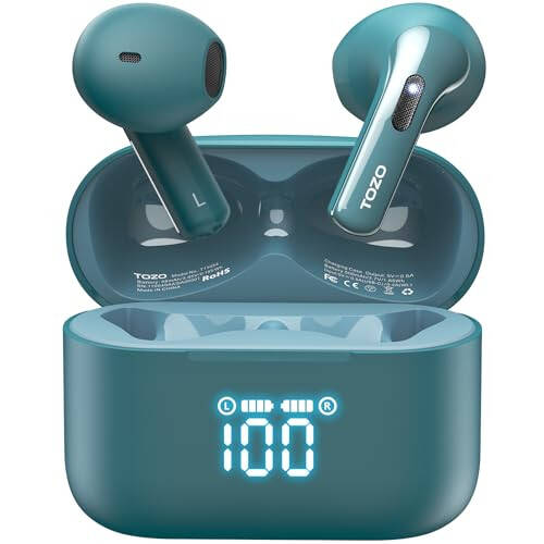 TOZO T21 Wireless Earbuds, 5.3 Bluetooth Headphone, Sem in Ear with Dual Mic Noise Cancelling, IPX8 Waterproof, 44H Playback Stereo Sound with Power Display Wireless Charging Case Green - 1