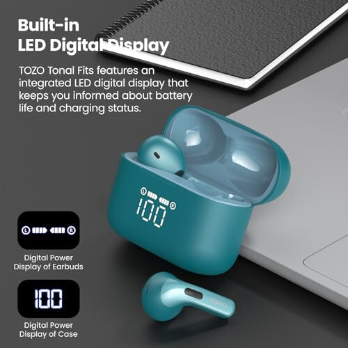 TOZO T21 Wireless Earbuds, 5.3 Bluetooth Headphone, Sem in Ear with Dual Mic Noise Cancelling, IPX8 Waterproof, 44H Playback Stereo Sound with Power Display Wireless Charging Case Green - 2