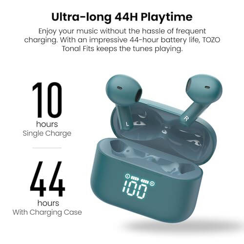 TOZO T21 Wireless Earbuds, 5.3 Bluetooth Headphone, Sem in Ear with Dual Mic Noise Cancelling, IPX8 Waterproof, 44H Playback Stereo Sound with Power Display Wireless Charging Case Green - 5