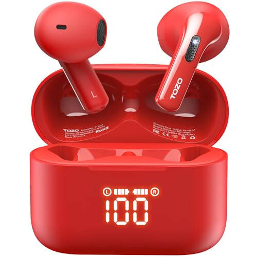 TOZO T21 Wireless Earbuds, 5.3 Bluetooth Headphone, Sem in Ear with Dual Mic Noise Cancelling, IPX8 Waterproof, 44H Playback Stereo Sound with Power Display Wireless Charging Case Red - 1