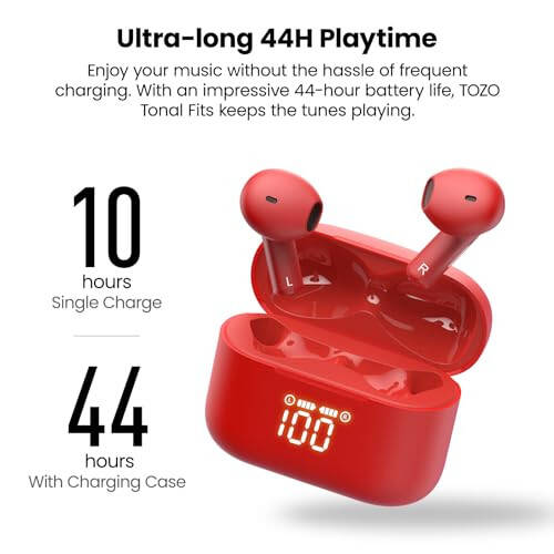 TOZO T21 Wireless Earbuds, 5.3 Bluetooth Headphone, Sem in Ear with Dual Mic Noise Cancelling, IPX8 Waterproof, 44H Playback Stereo Sound with Power Display Wireless Charging Case Red - 5