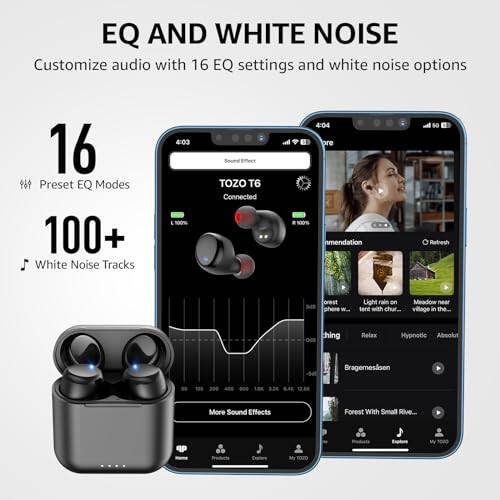 TOZO T6 (Ergonomik Sürüm) Kablosuz Kulaklıklar Bluetooth 5.3 Kulaklıklar, Ergonomik Tasarım Kulak İçi Kulaklık, 50 Saat Oynatma Süresi Kablosuz Şarj Çantası ile, Uygulama EQ Özelleştirilebilir, IPX8 Su Geçirmez, 2024 Versiyon - 3