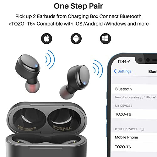 TOZO T6 (Klasik Sürüm) Gerçek Kablosuz Kulaklıklar Bluetooth 5.3 Kulaklıklar Dokunmatik Kontrol Kablosuz Şarj Çantası IPX8 Su Geçirmez Stereo Kulaklıklar Kulak İçi Dahili Mikrofon Kulaklık Premium Derin Bas Siyah - 4