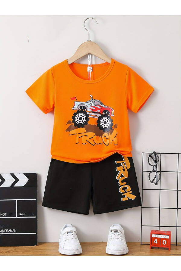 Tractor Print Orange Black Kids Shorts T-shirt Set - 1