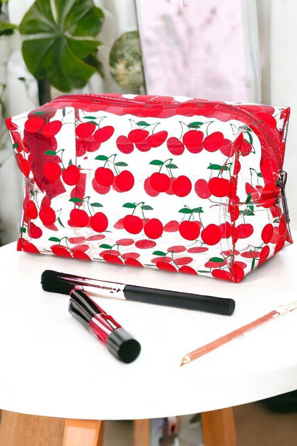 Transparent Makeup Bag with Cherry Pattern - 7