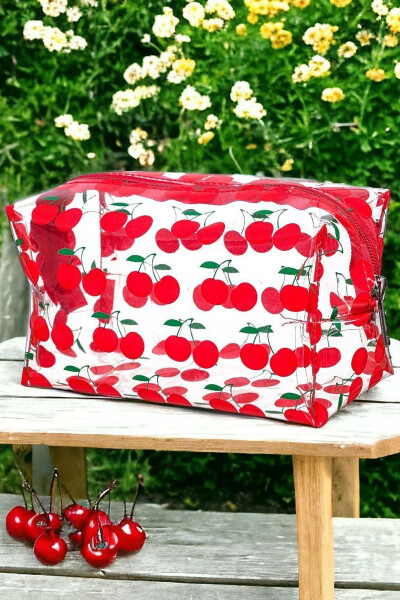 Transparent Makeup Bag with Cherry Pattern - 9