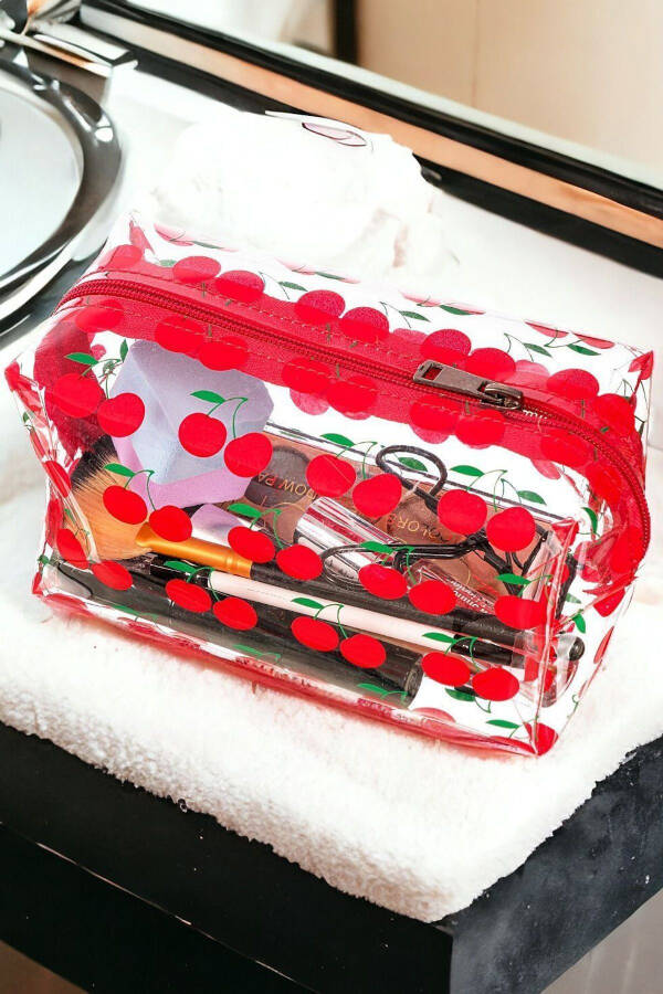 Transparent Makeup Bag with Cherry Pattern - 12