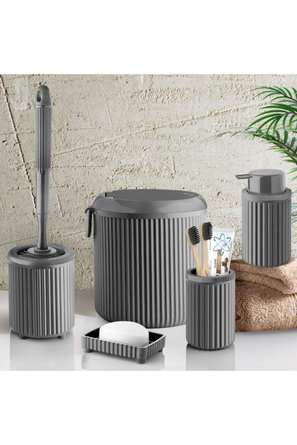 Trash Can Toilet Brush Liquid Soap Dispenser Toothbrush Holder Solid Soap Dish 5 Piece Bathroom Set 4 Liters Gray - 1