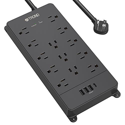 TROND Akım Koruyucu Priz, 4000J, ETL Onaylı, 13 Geniş Aralıklı Çıkış Genişletmesi 4 USB Bağlantı Noktası (1 USB C) ile, Düşük Profil Düz Fiş, Duvara Monte Edilebilir, 5ft Uzatma Kablosu, 14AWG Ağır Hizmet Tipi, Siyah - 7