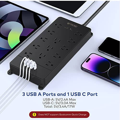 TROND Akım Koruyucu Priz, 4000J, ETL Onaylı, 13 Geniş Aralıklı Çıkış Genişletmesi 4 USB Bağlantı Noktası (1 USB C) ile, Düşük Profil Düz Fiş, Duvara Monte Edilebilir, 5ft Uzatma Kablosu, 14AWG Ağır Hizmet Tipi, Siyah - 10