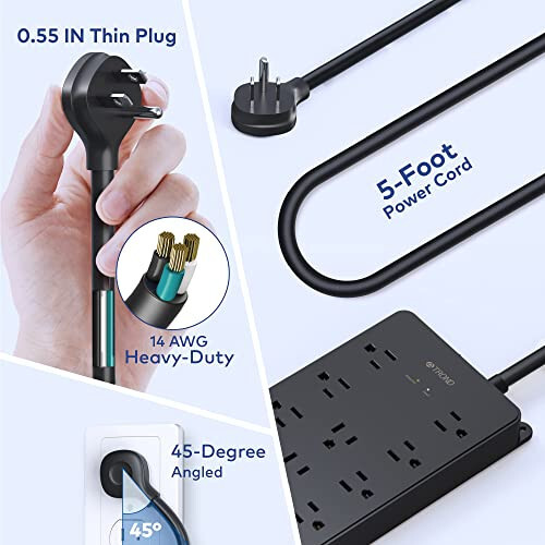 TROND Akım Koruyucu Priz, 4000J, ETL Onaylı, 13 Geniş Aralıklı Çıkış Genişletmesi 4 USB Bağlantı Noktası (1 USB C) ile, Düşük Profil Düz Fiş, Duvara Monte Edilebilir, 5ft Uzatma Kablosu, 14AWG Ağır Hizmet Tipi, Siyah - 12