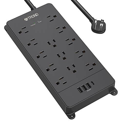 TROND Surge Protector Power Strip, 4000J, ETL Listed, 13 Widely-Spaced Outlets Expansion with 4 USB Ports(1 USB C), Low-Profile Flat Plug, Wall Mountable, 5ft Extension Cord, 14AWG Heavy Duty, Black - 7