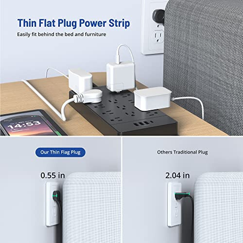 TROND Surge Protector Power Strip, 4000J, ETL Listed, 13 Widely-Spaced Outlets Expansion with 4 USB Ports(1 USB C), Low-Profile Flat Plug, Wall Mountable, 5ft Extension Cord, 14AWG Heavy Duty, Black - 8