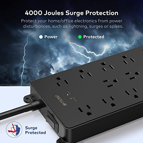 TROND Surge Protector Power Strip, 4000J, ETL Listed, 13 Widely-Spaced Outlets Expansion with 4 USB Ports(1 USB C), Low-Profile Flat Plug, Wall Mountable, 5ft Extension Cord, 14AWG Heavy Duty, Black - 9