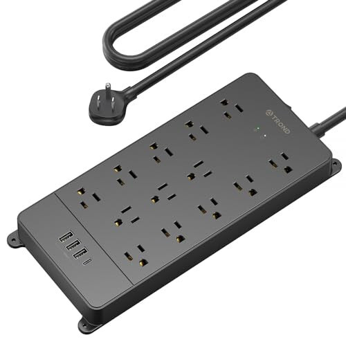 TROND Surge Protector Power Strip, 4000J, ETL Listed, 13 Widely-Spaced Outlets Expansion with 4 USB Ports(1 USB C), Low-Profile Flat Plug, Wall Mountable, 5ft Extension Cord, 14AWG Heavy Duty, Black - 1